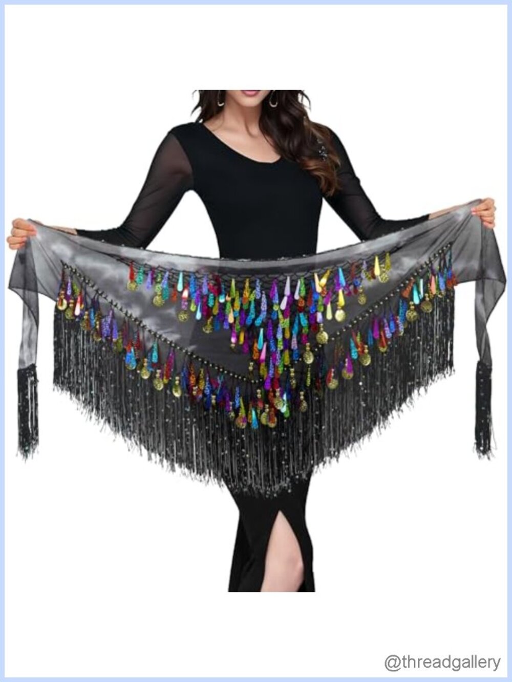 Belly Dance Hip Scarf with Tassels Sequins, Triangle Coins Wrap Skirt Music